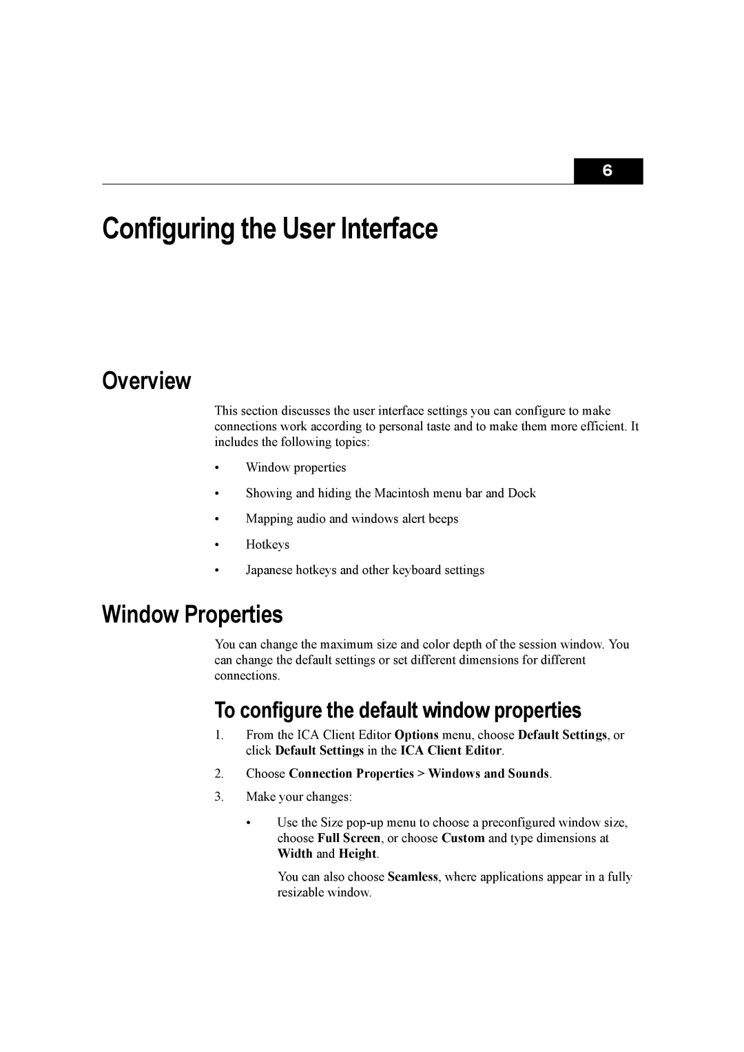 Citrix Systems 10 manual Configuring the User Interface, Window Properties, To configure the default window properties 