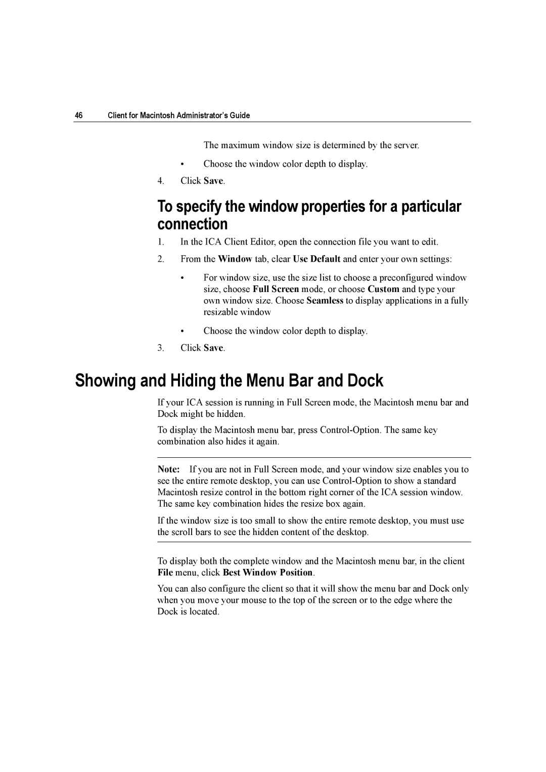 Citrix Systems 10 Showing and Hiding the Menu Bar and Dock, To specify the window properties for a particular connection 