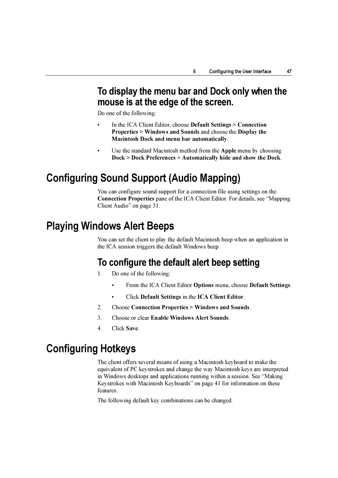 Citrix Systems 10 manual Configuring Sound Support Audio Mapping, Playing Windows Alert Beeps, Configuring Hotkeys 