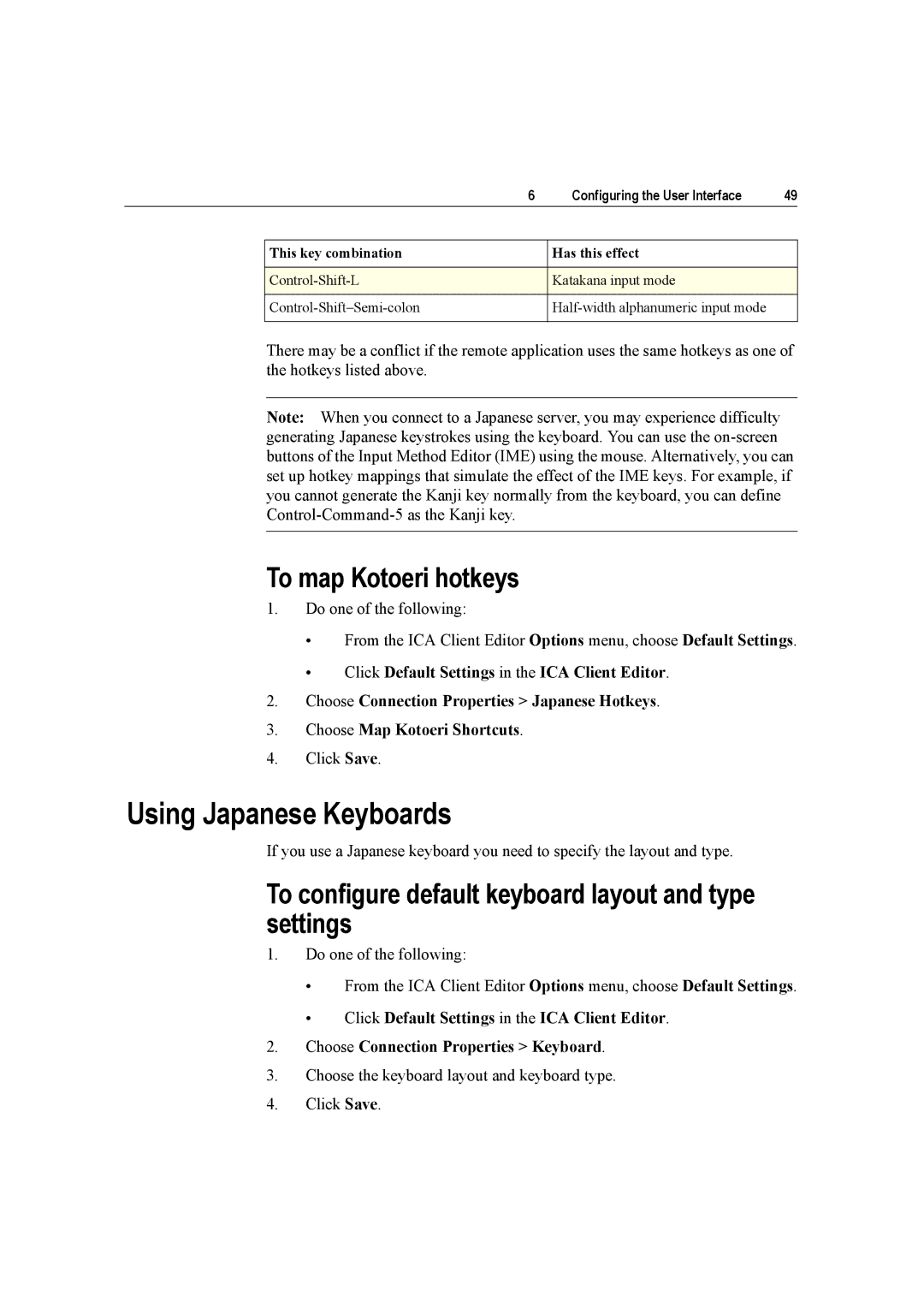 Citrix Systems 10 Using Japanese Keyboards, To map Kotoeri hotkeys, To configure default keyboard layout and type settings 