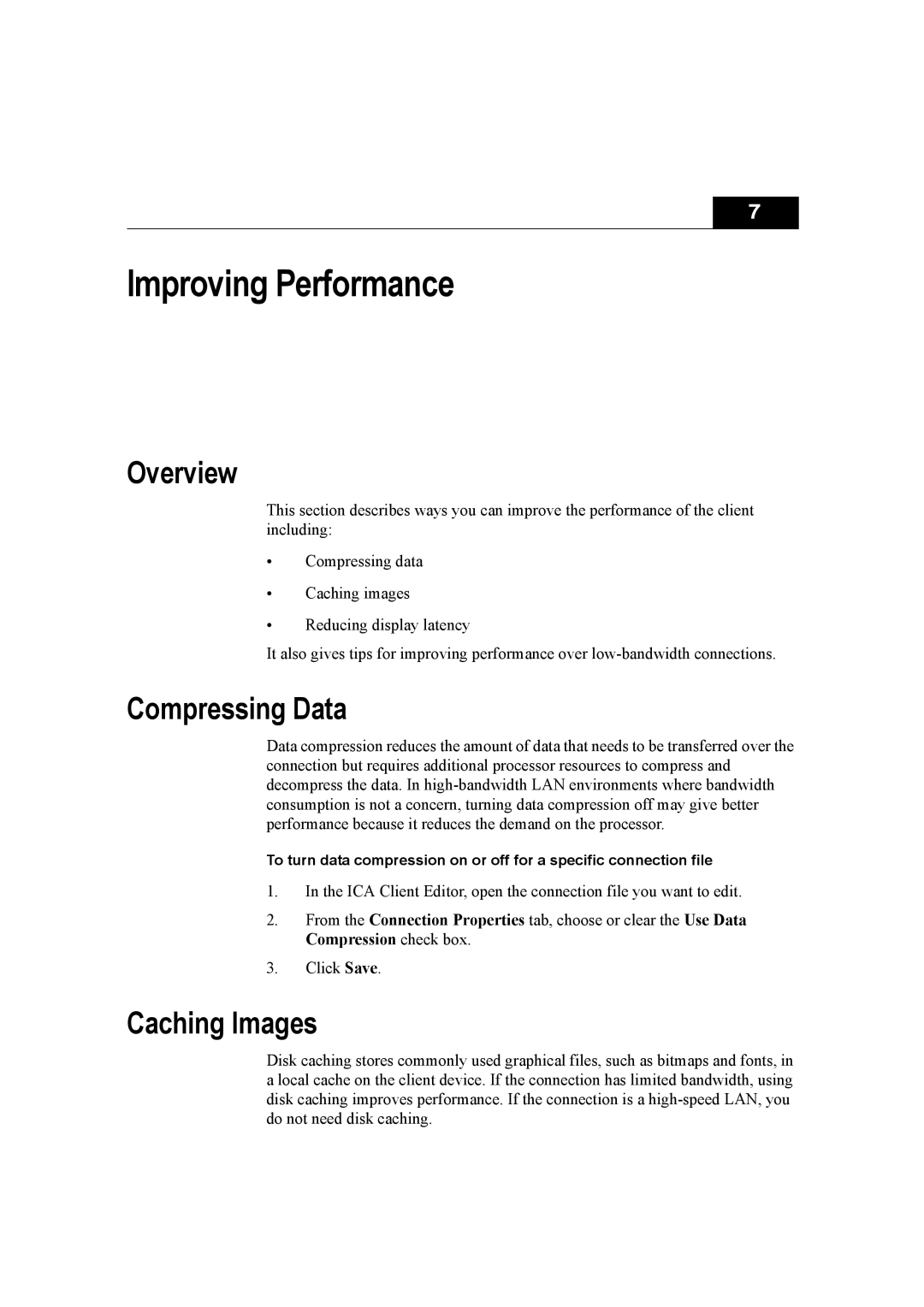 Citrix Systems 10 manual Improving Performance, Compressing Data, Caching Images 