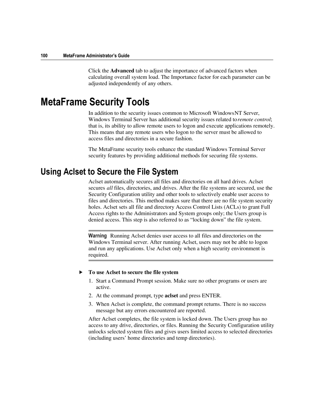 Citrix Systems 1.8 manual 0HWDUDPH6HFXULW\7RROV, 8VLQJ$FOVHWWR6HFXUHWKHLOH6\VWHP, To use Aclset to secure the file system 