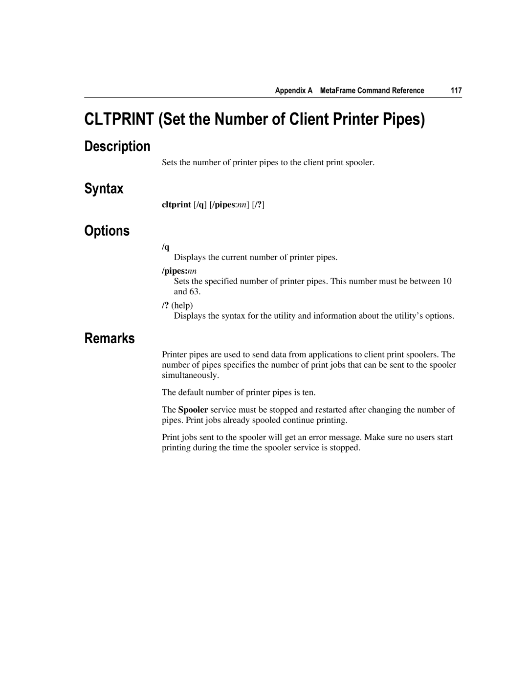 Citrix Systems 1.8 manual 735,176HWWKH1XPEHURI&OLHQW3ULQWHU3LSHV, Cltprint /q /pipesnn /?, Pipesnn 