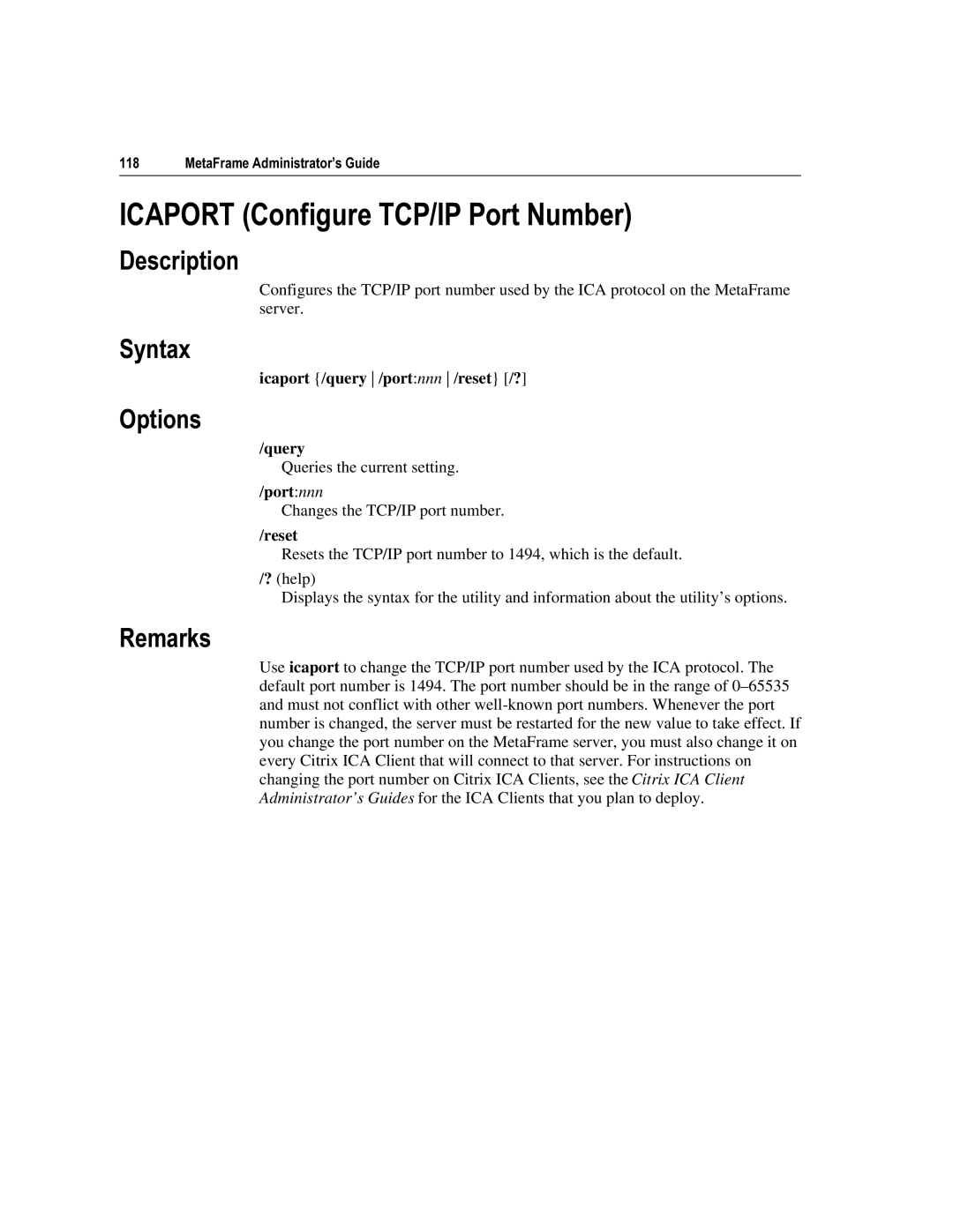 Citrix Systems 1.8 manual Icaport /query /portnnn /reset /?, Query, Portnnn, Reset 