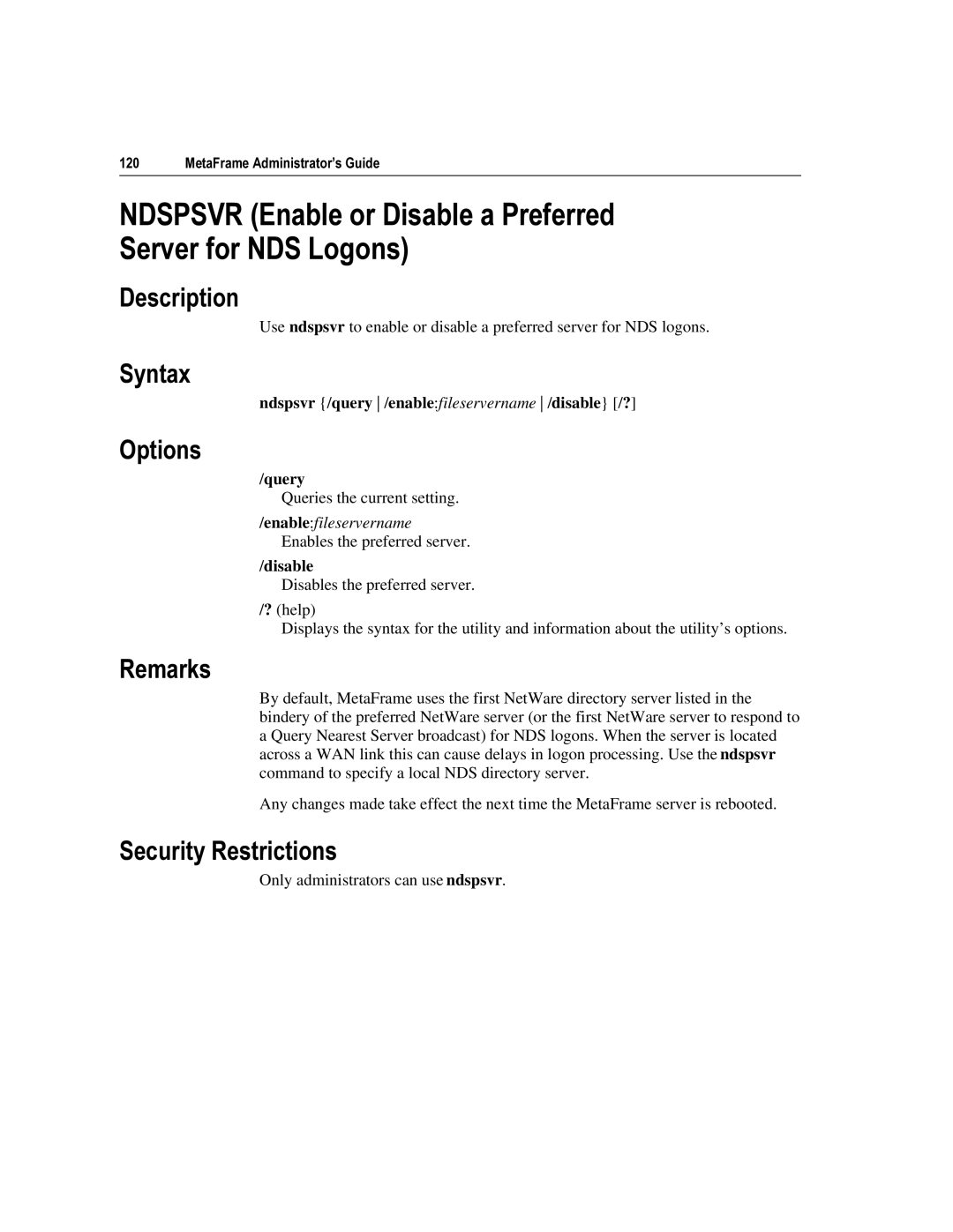 Citrix Systems 1.8 manual Ndspsvr /query /enablefileservername /disable /?, Disable 