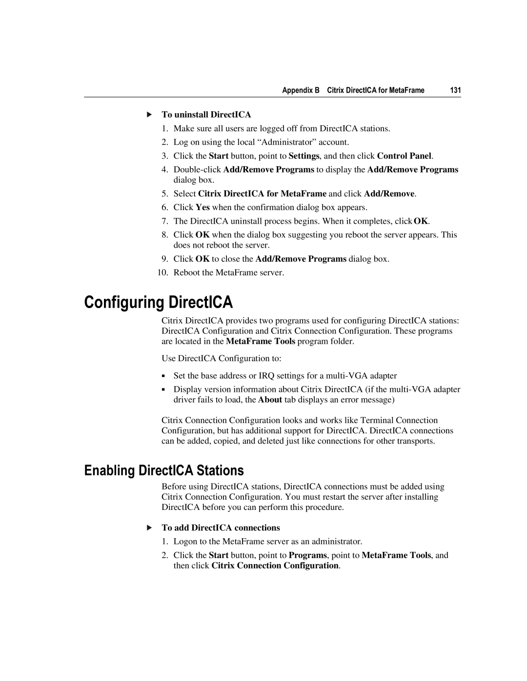 Citrix Systems 1.8 manual Rqiljxulqjluhfw,&$, QDEOLQJLUHFW,&$6WDWLRQV, To uninstall DirectICA, To add DirectICA connections 