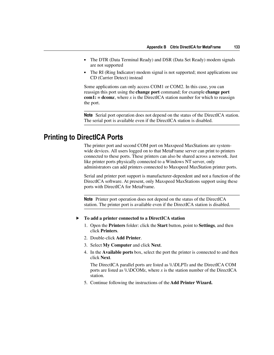 Citrix Systems 1.8 manual 3ULQWLQJWRLUHFW,&$3RUWV, To add a printer connected to a DirectICA station 