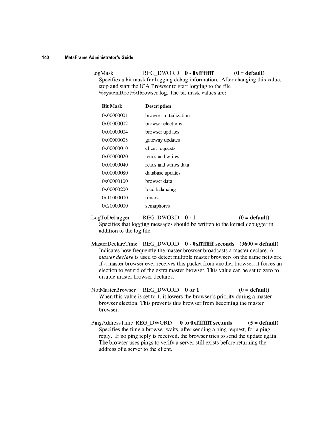 Citrix Systems 1.8 manual LogMaskREGDWORD 0 0xffffffff 0 = default, Regdword 0 0xffffffff seconds, To 0xffffffff seconds 