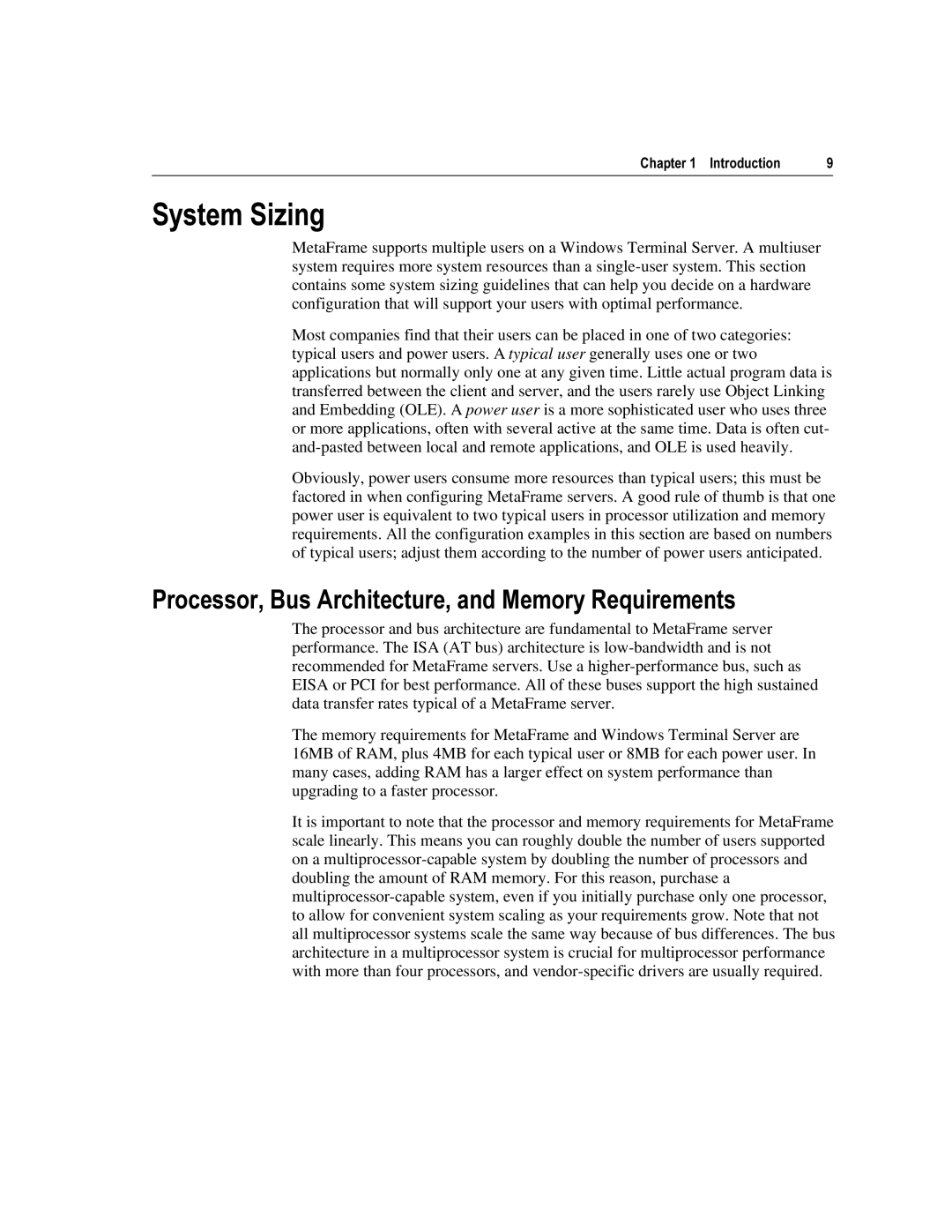 Citrix Systems 1.8 manual VWHP6LLQJ, 3URFHVVRU%XV$UFKLWHFWXUHDQG0HPRU\5HTXLUHPHQWV 