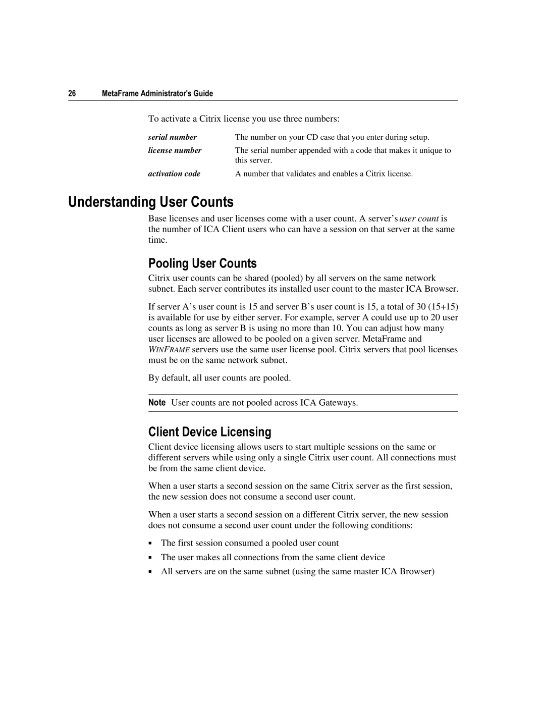 Citrix Systems 1.8 manual 8QGHUVWDQGLQJ8VHU&RXQWV, 3RROLQJ8VHU&RXQWV, Olhqwhylfh/Lfhqvlqj 