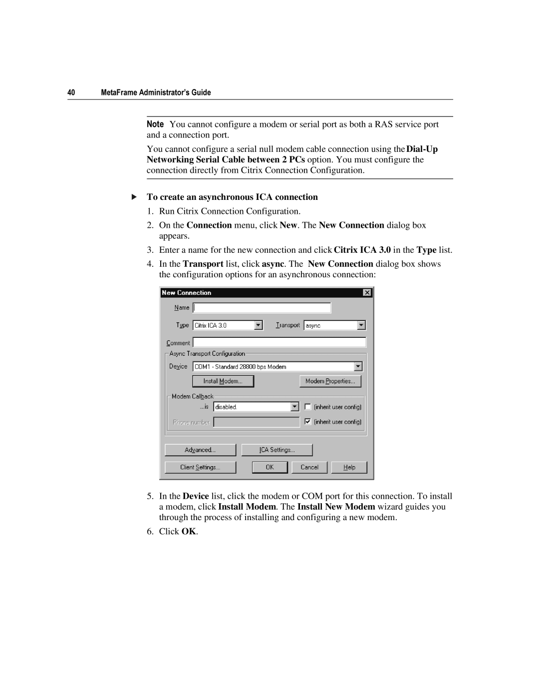 Citrix Systems 1.8 manual To create an asynchronous ICA connection 