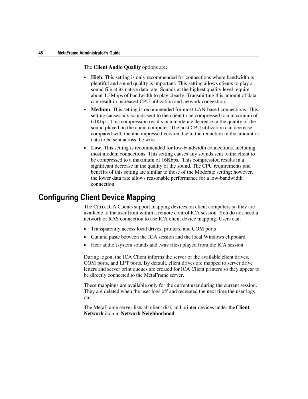 Citrix Systems 1.8 RQILJXULQJ&OLHQWHYLFH0DSSLQJ, Client Audio Quality options are, Network icon in Network Neighborhood 