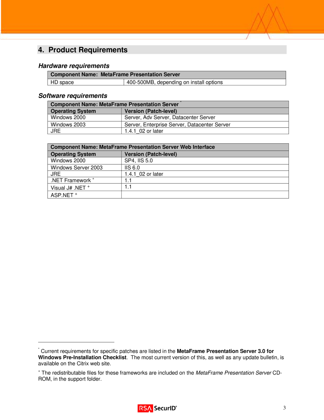 Citrix Systems 3 manual Product Requirements, Hardware requirements, Software requirements 