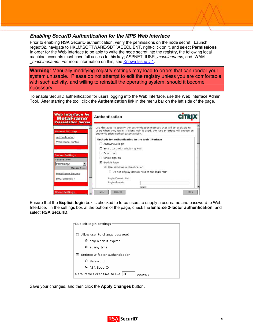 Citrix Systems 3 manual Enabling SecurID Authentication for the MPS Web Interface 