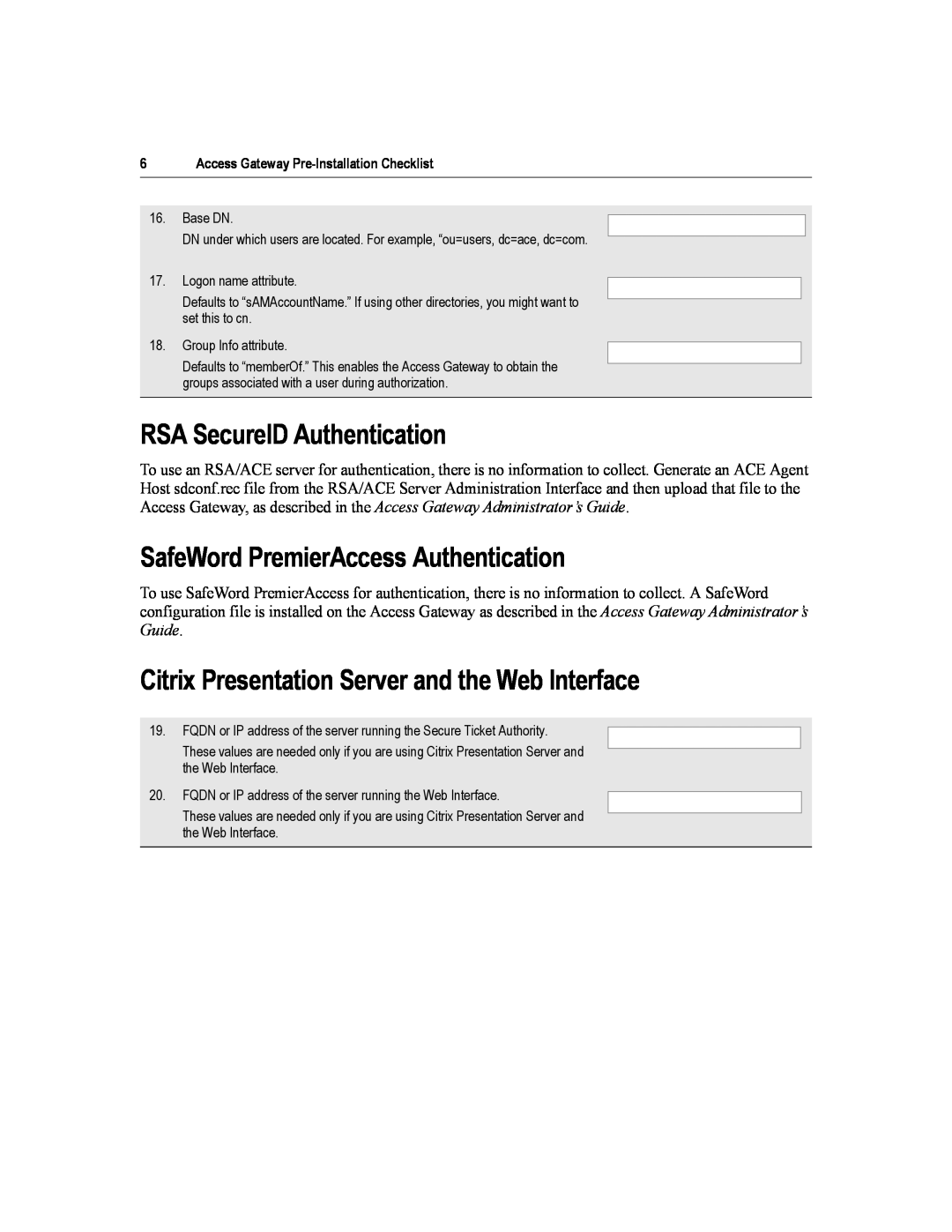 Citrix Systems 4.2 manual RSA SecureID Authentication, SafeWord PremierAccess Authentication 