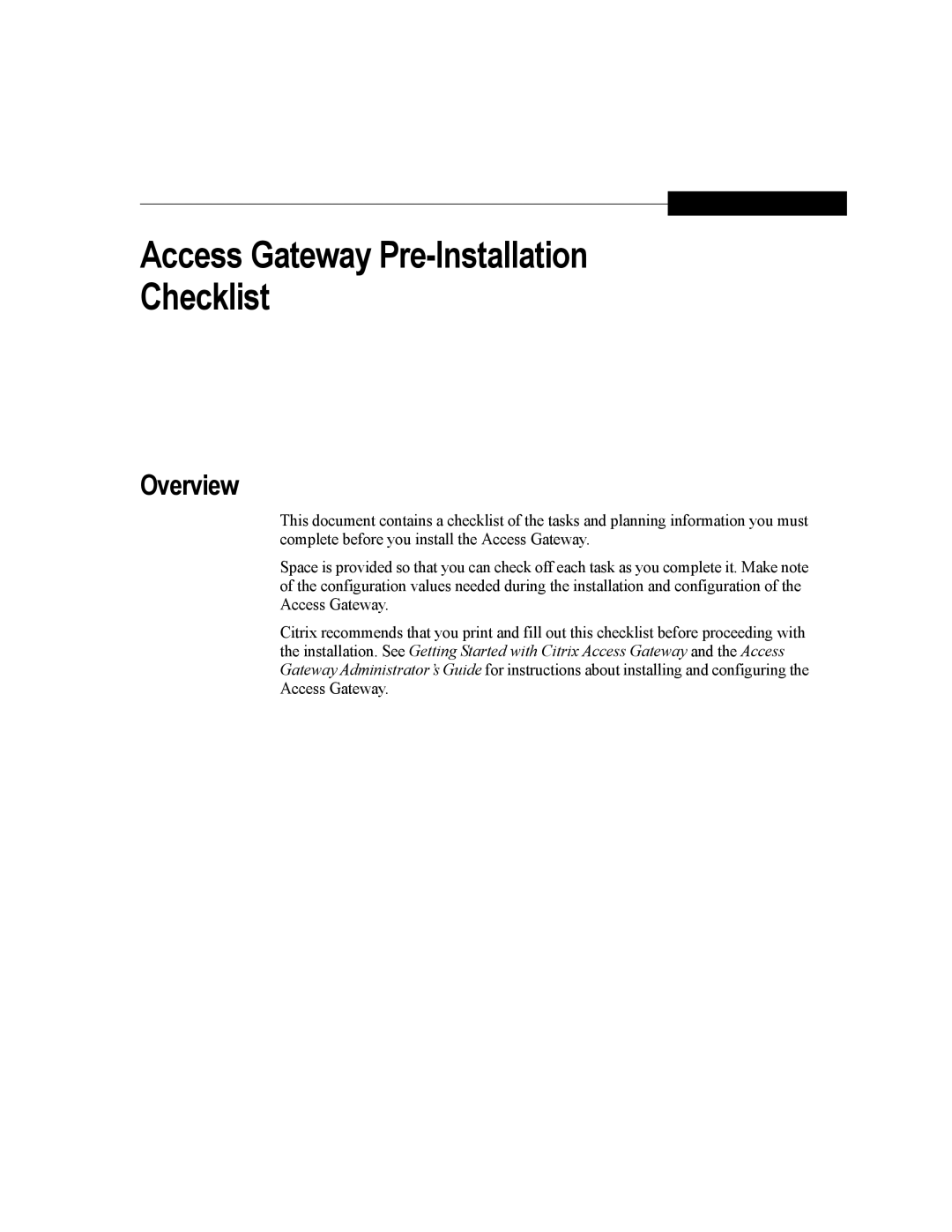 Citrix Systems 4.2 manual Access Gateway Pre-Installation Checklist, Overview 