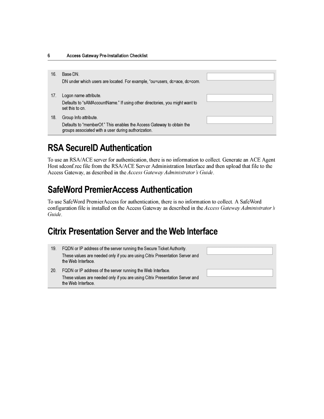 Citrix Systems 4.2 manual RSA SecureID Authentication, SafeWord PremierAccess Authentication 