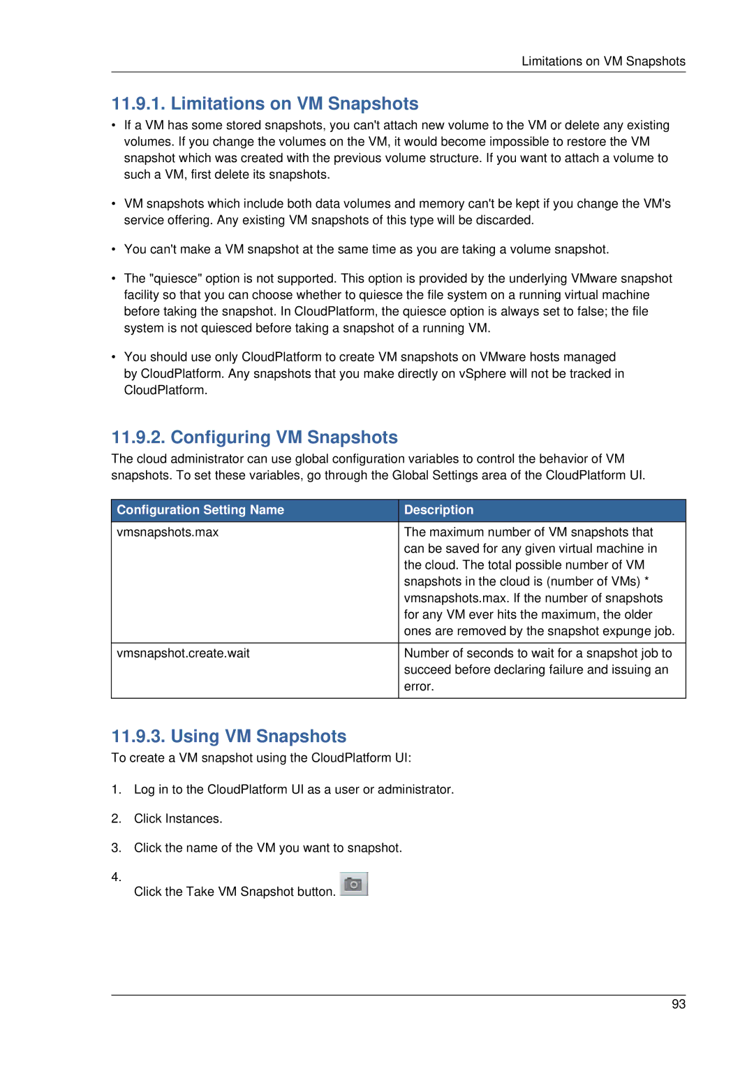 Citrix Systems 4.2 manual Limitations on VM Snapshots, Configuring VM Snapshots, Using VM Snapshots 