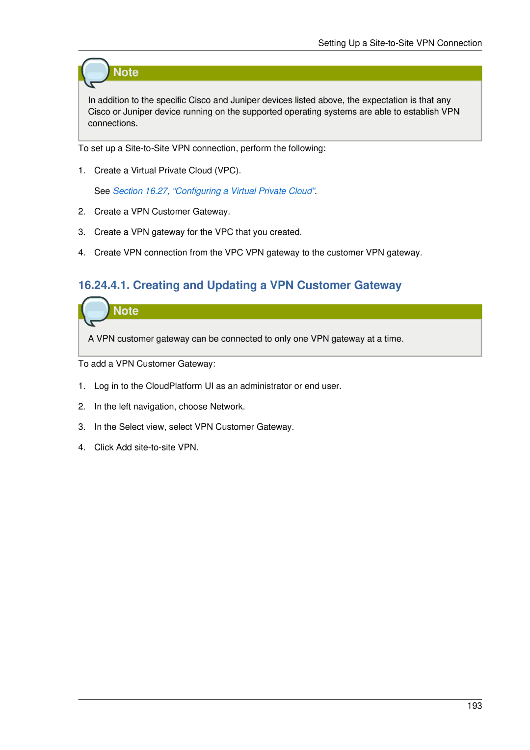 Citrix Systems 4.2 manual Creating and Updating a VPN Customer Gateway Note, See .27, Configuring a Virtual Private Cloud 