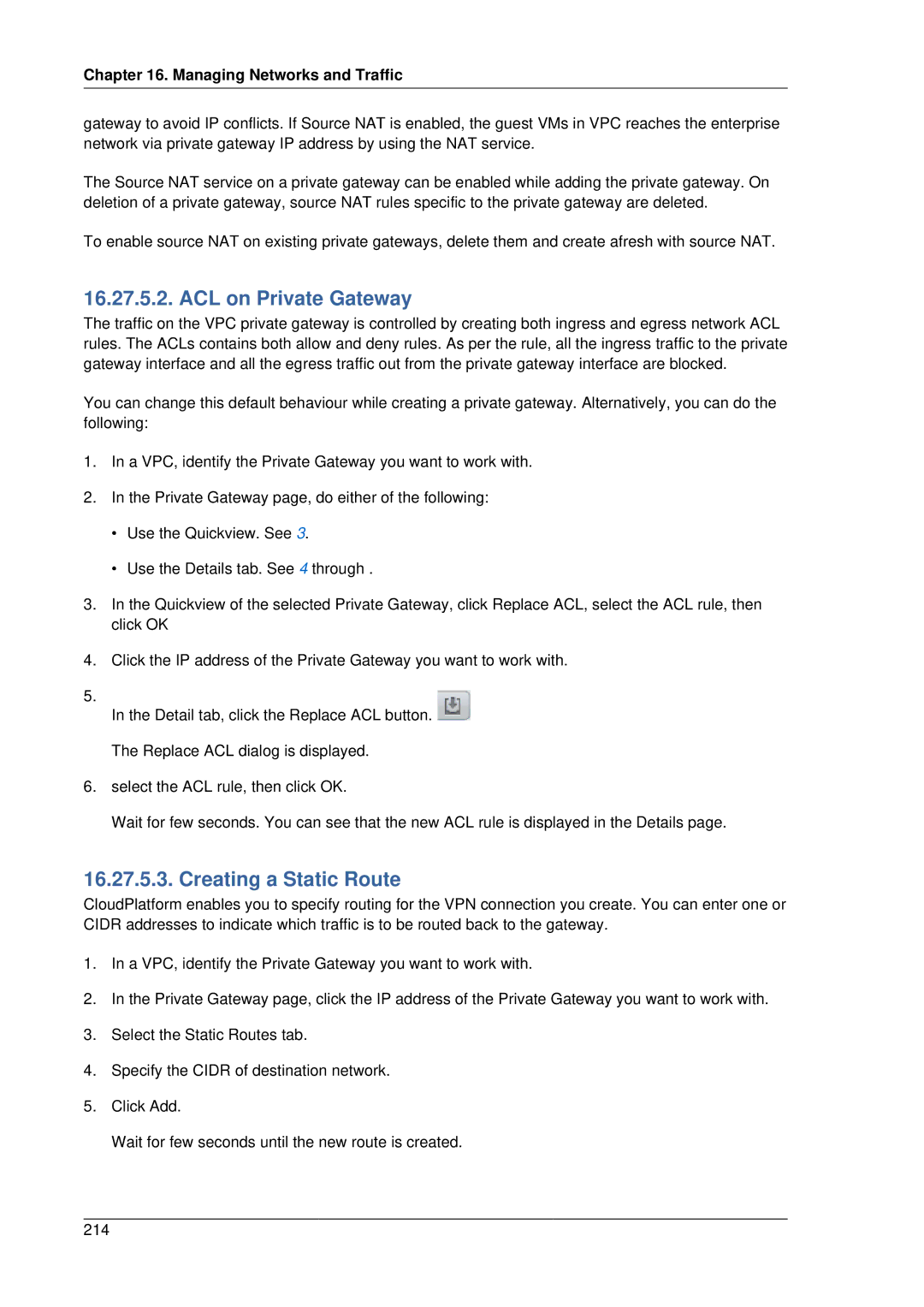 Citrix Systems 4.2 manual ACL on Private Gateway, Creating a Static Route 