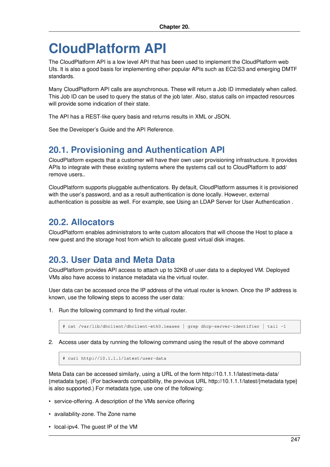 Citrix Systems 4.2 manual CloudPlatform API, Provisioning and Authentication API, Allocators, User Data and Meta Data 