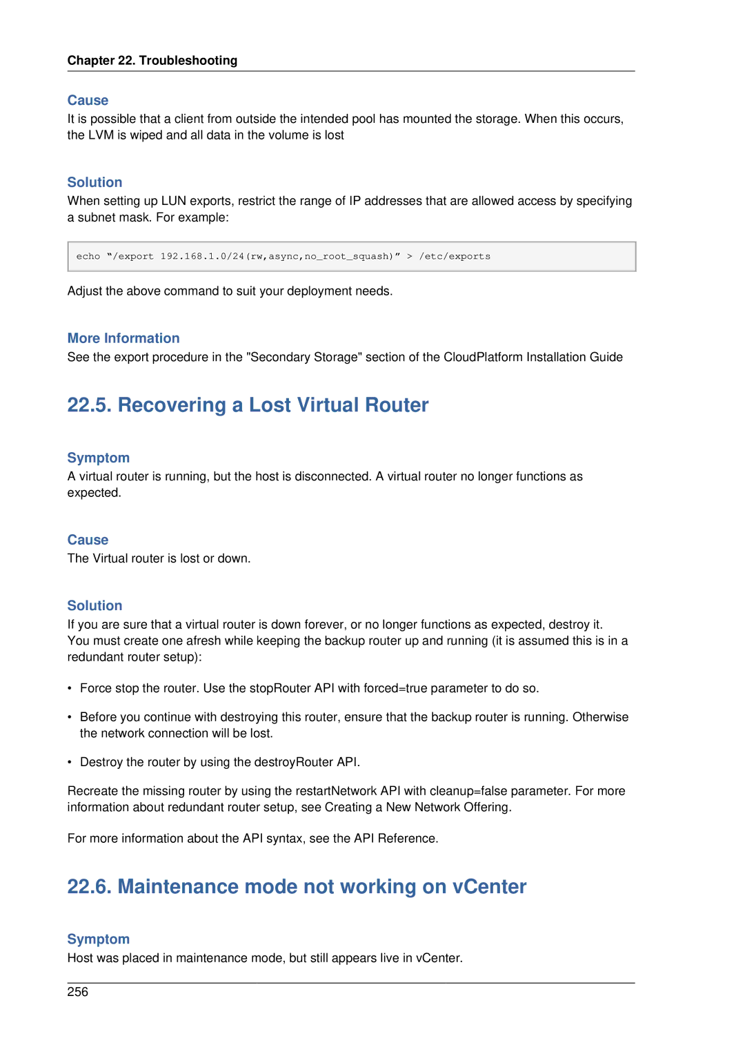 Citrix Systems 4.2 manual Recovering a Lost Virtual Router, Maintenance mode not working on vCenter, Cause, Solution 