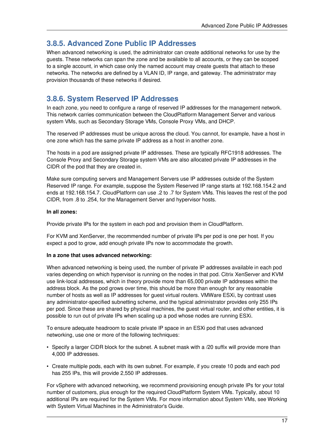 Citrix Systems 4.2 manual Advanced Zone Public IP Addresses, System Reserved IP Addresses, All zones 