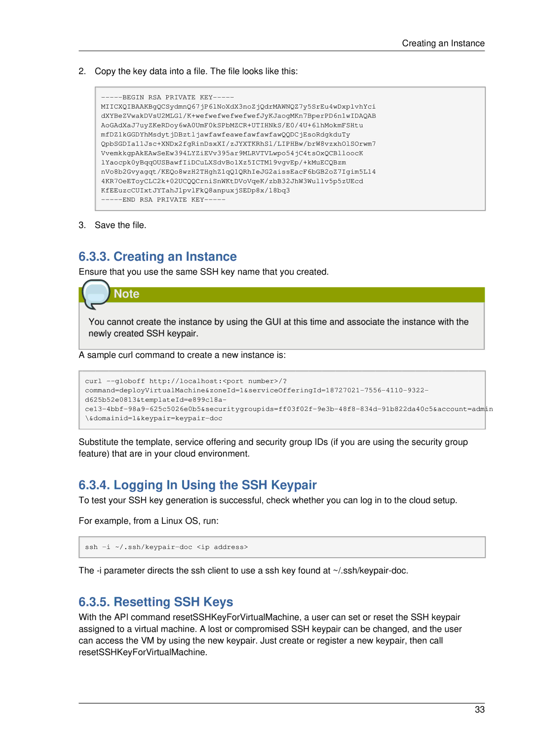 Citrix Systems 4.2 manual Creating an Instance, Logging In Using the SSH Keypair, Resetting SSH Keys 