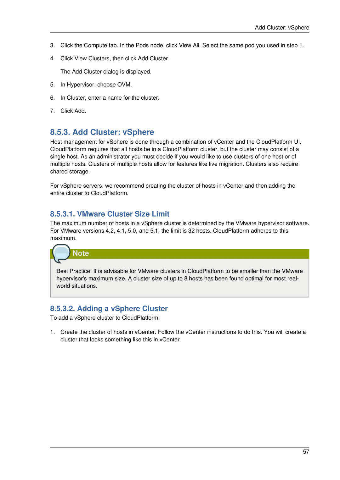 Citrix Systems 4.2 manual Add Cluster vSphere, VMware Cluster Size Limit, Adding a vSphere Cluster 