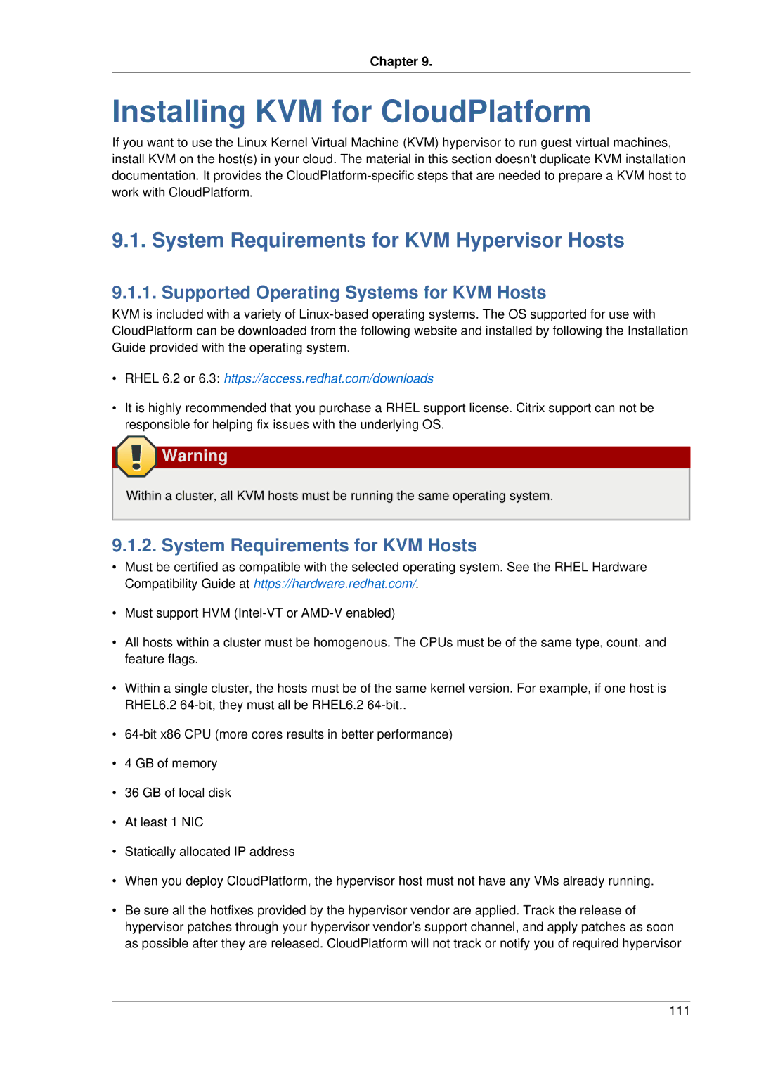 Citrix Systems 4.2 manual Installing KVM for CloudPlatform, System Requirements for KVM Hypervisor Hosts 