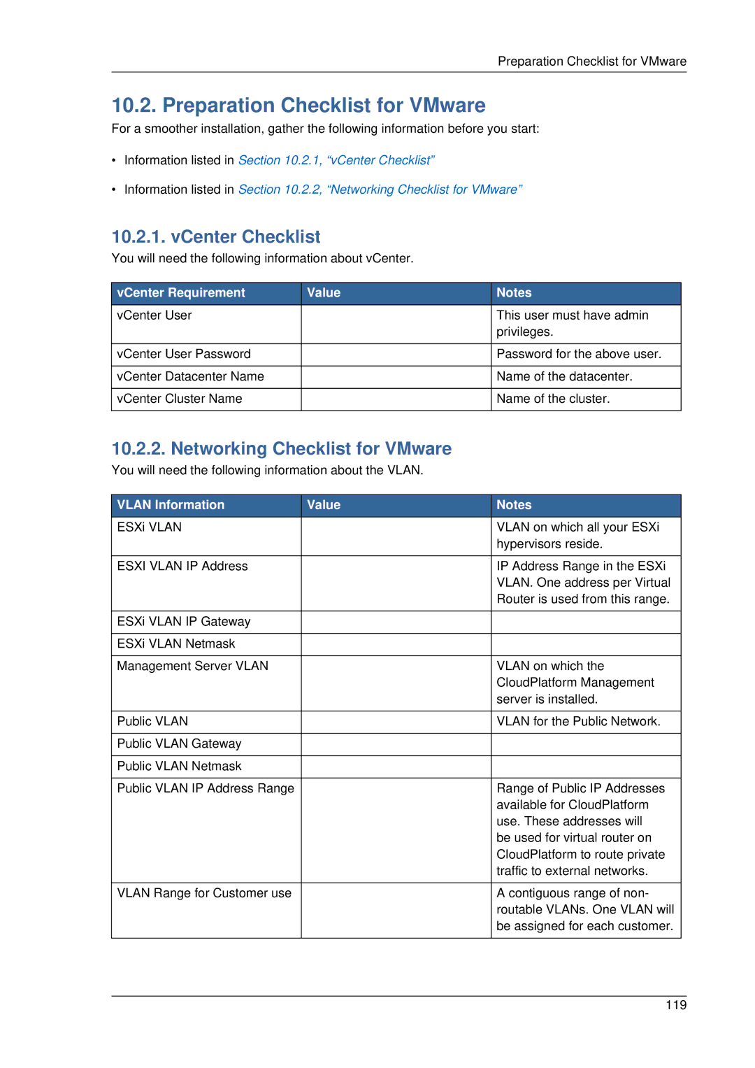 Citrix Systems 4.2 manual Preparation Checklist for VMware, VCenter Checklist, Networking Checklist for VMware 