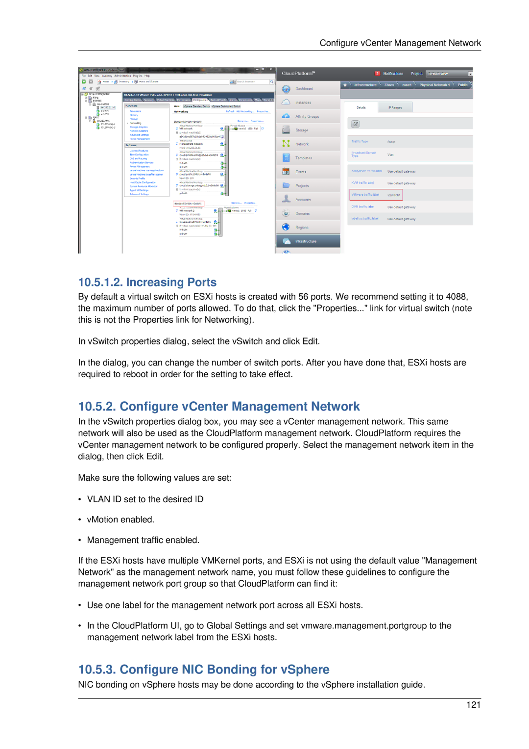 Citrix Systems 4.2 manual Configure vCenter Management Network, Configure NIC Bonding for vSphere, Increasing Ports 