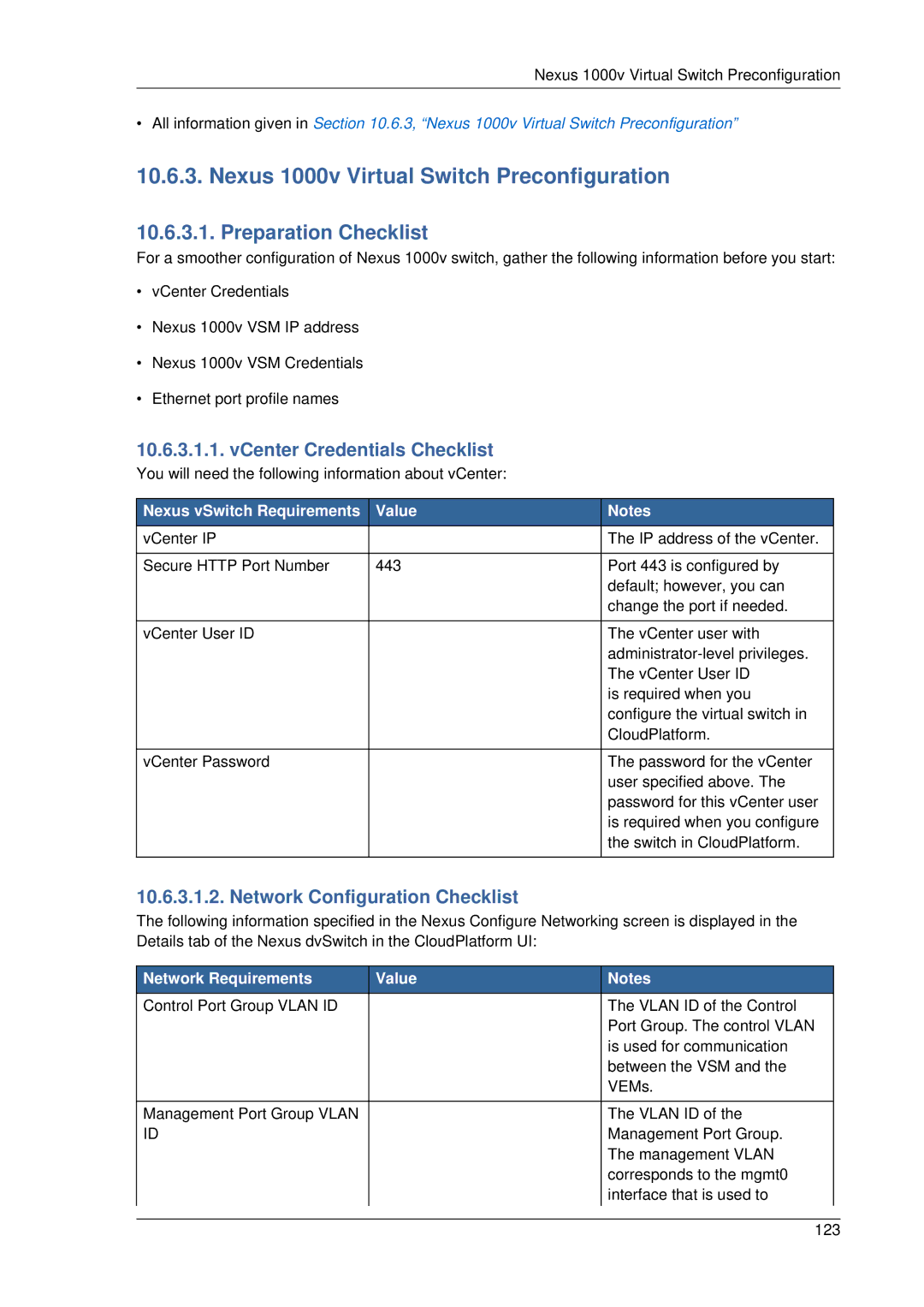 Citrix Systems 4.2 Nexus 1000v Virtual Switch Preconfiguration, Preparation Checklist, Nexus vSwitch Requirements Value 