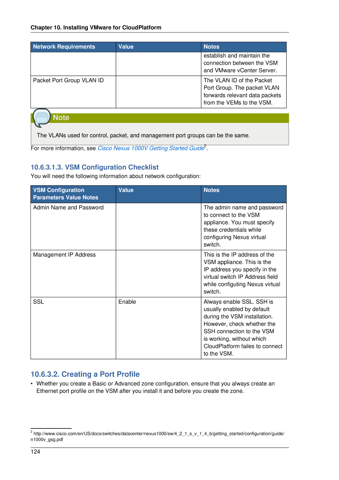 Citrix Systems 4.2 manual Creating a Port Profile, VSM Configuration Value Parameters Value Notes 