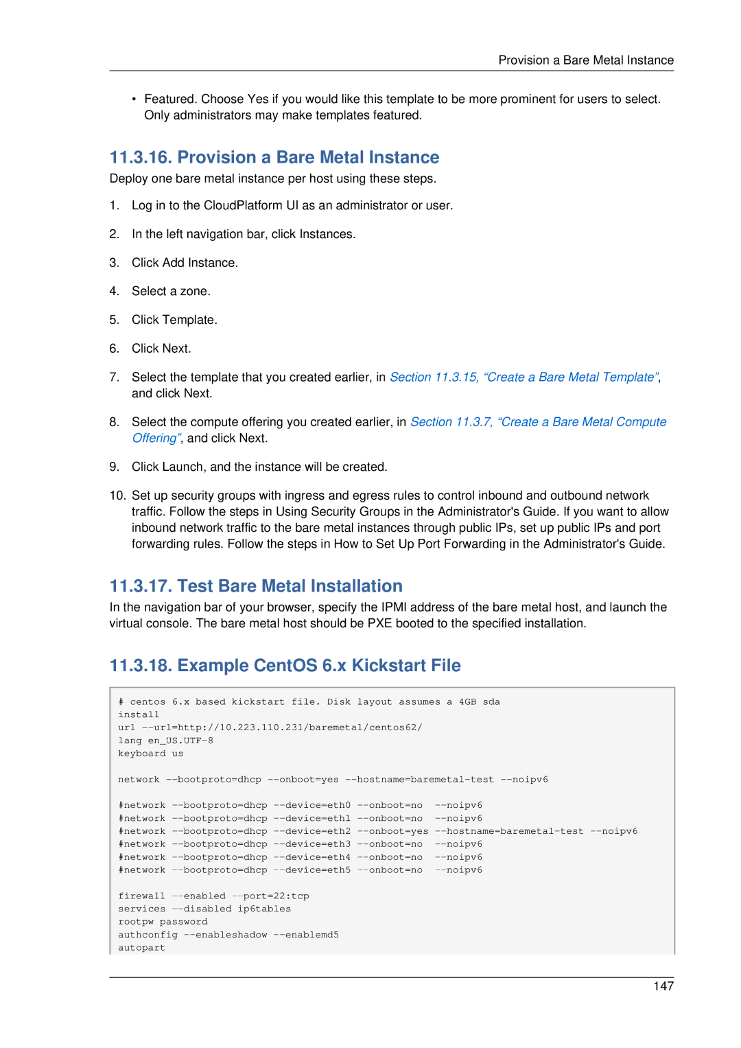 Citrix Systems 4.2 manual Provision a Bare Metal Instance, Test Bare Metal Installation, Example CentOS 6.x Kickstart File 