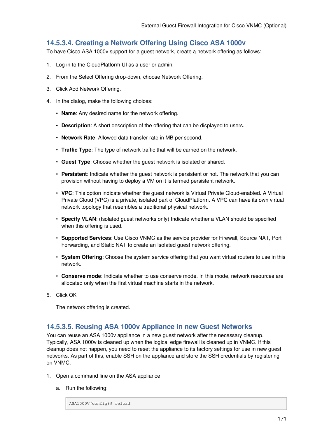 Citrix Systems 4.2 manual Creating a Network Offering Using Cisco ASA, Reusing ASA 1000v Appliance in new Guest Networks 