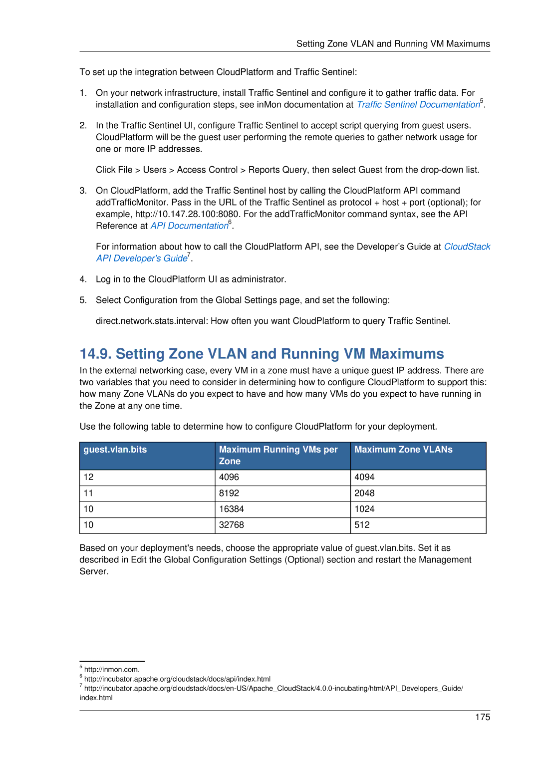 Citrix Systems 4.2 Setting Zone Vlan and Running VM Maximums, Guest.vlan.bits Maximum Running VMs per Maximum Zone VLANs 