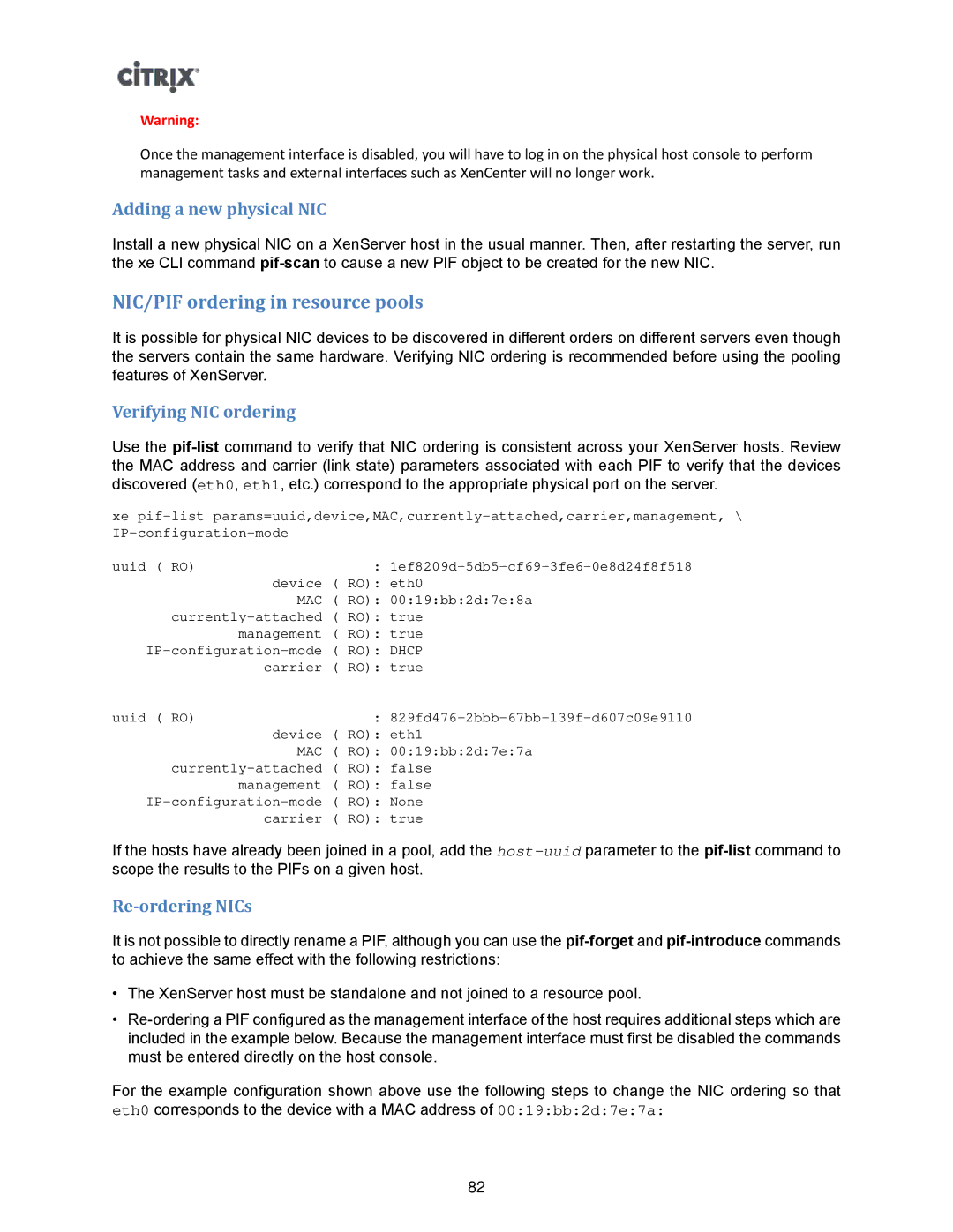 Citrix Systems 5.6 NIC/PIF ordering in resource pools, Adding a new physical NIC, Verifying NIC ordering, Re-ordering NICs 