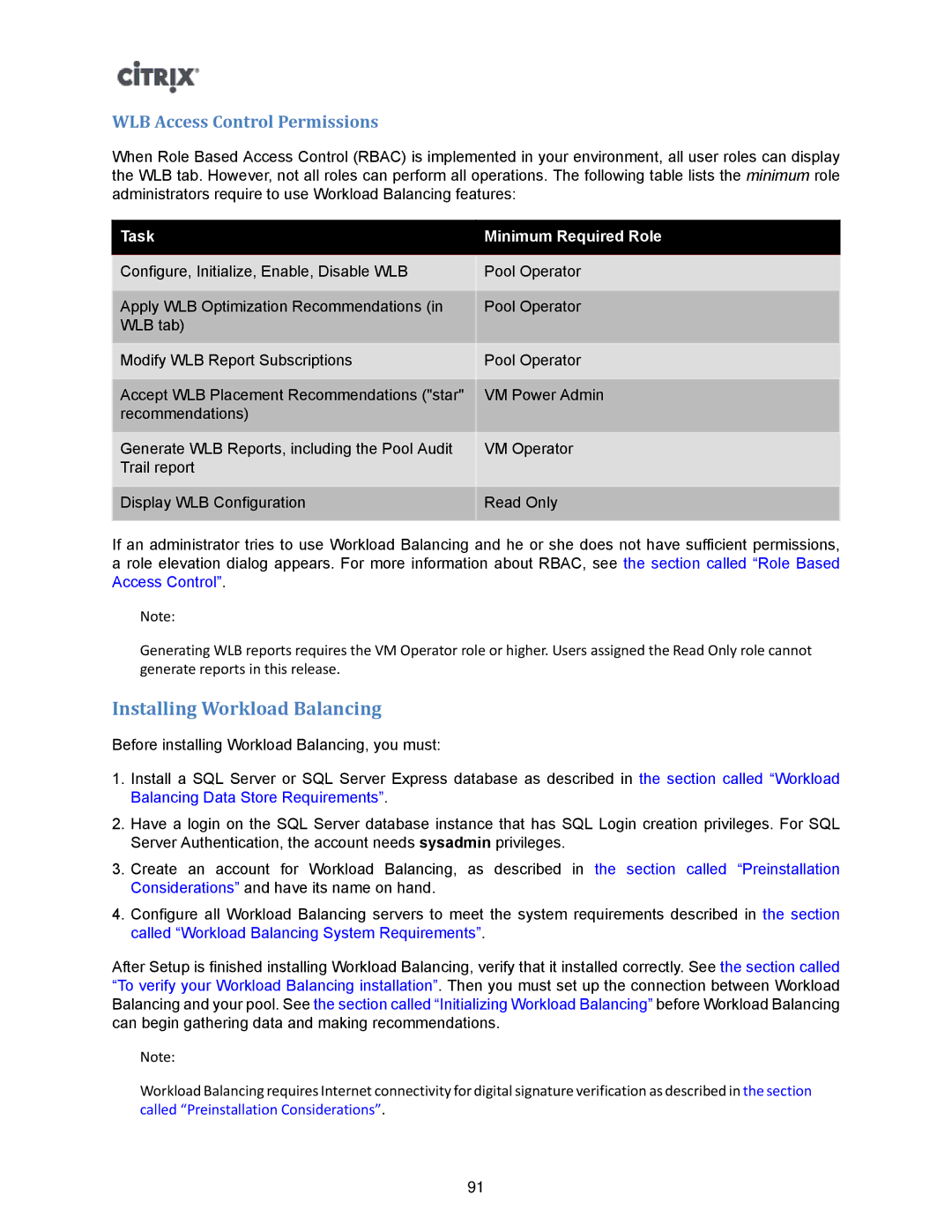 Citrix Systems 5.6 manual Installing Workload Balancing, WLB Access Control Permissions 