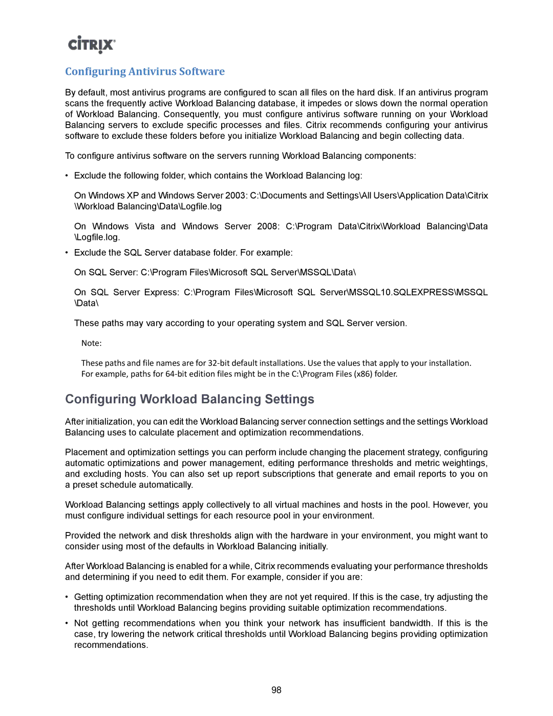 Citrix Systems 5.6 manual Configuring Workload Balancing Settings, Configuring Antivirus Software 