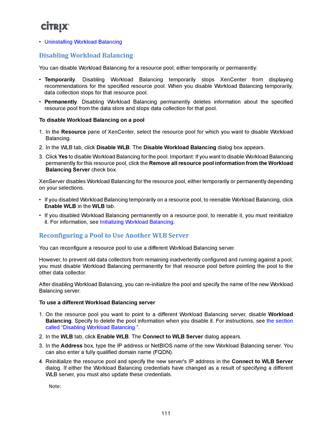 Citrix Systems 5.6 manual Disabling Workload Balancing, Reconfiguring a Pool to Use Another WLB Server 