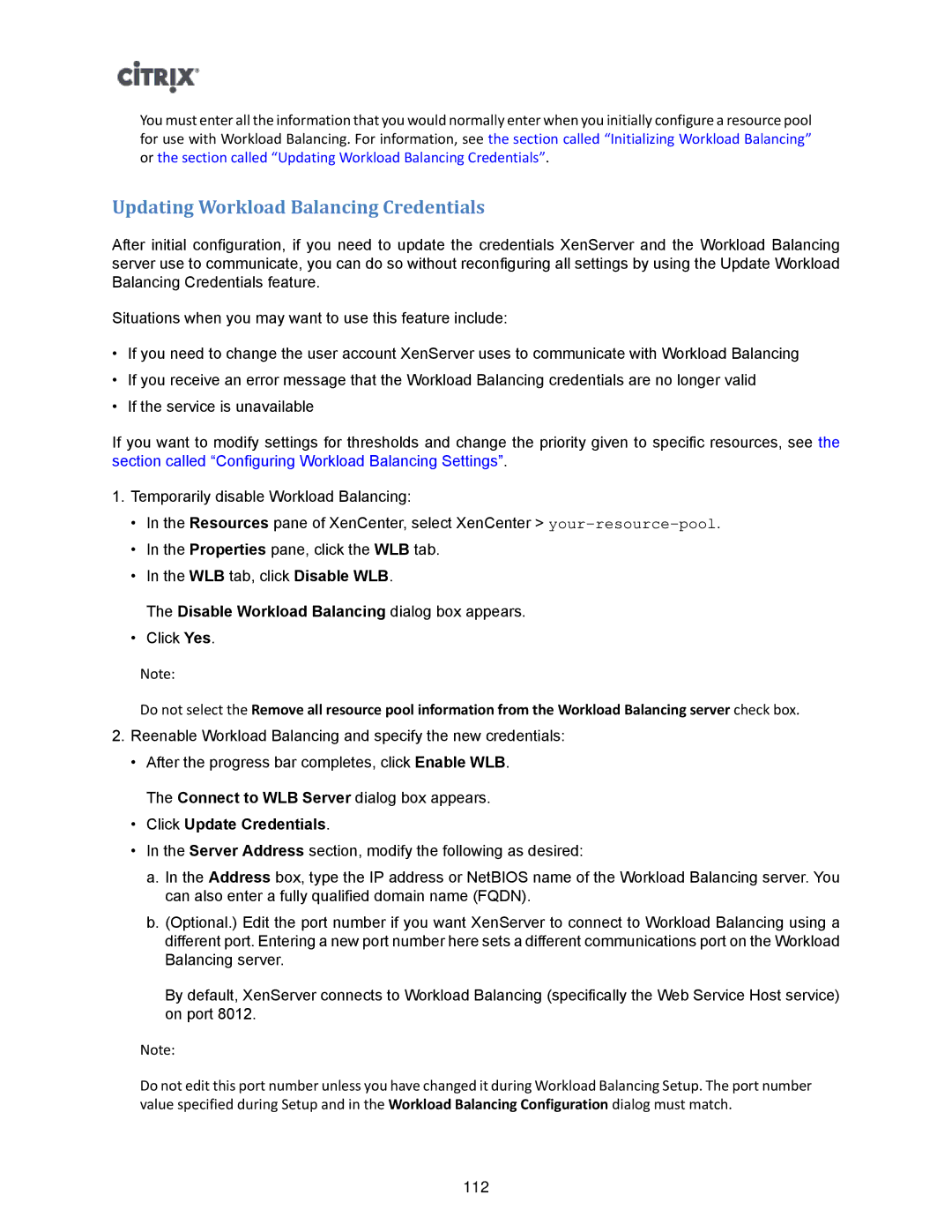 Citrix Systems 5.6 manual Updating Workload Balancing Credentials, Click Update Credentials 