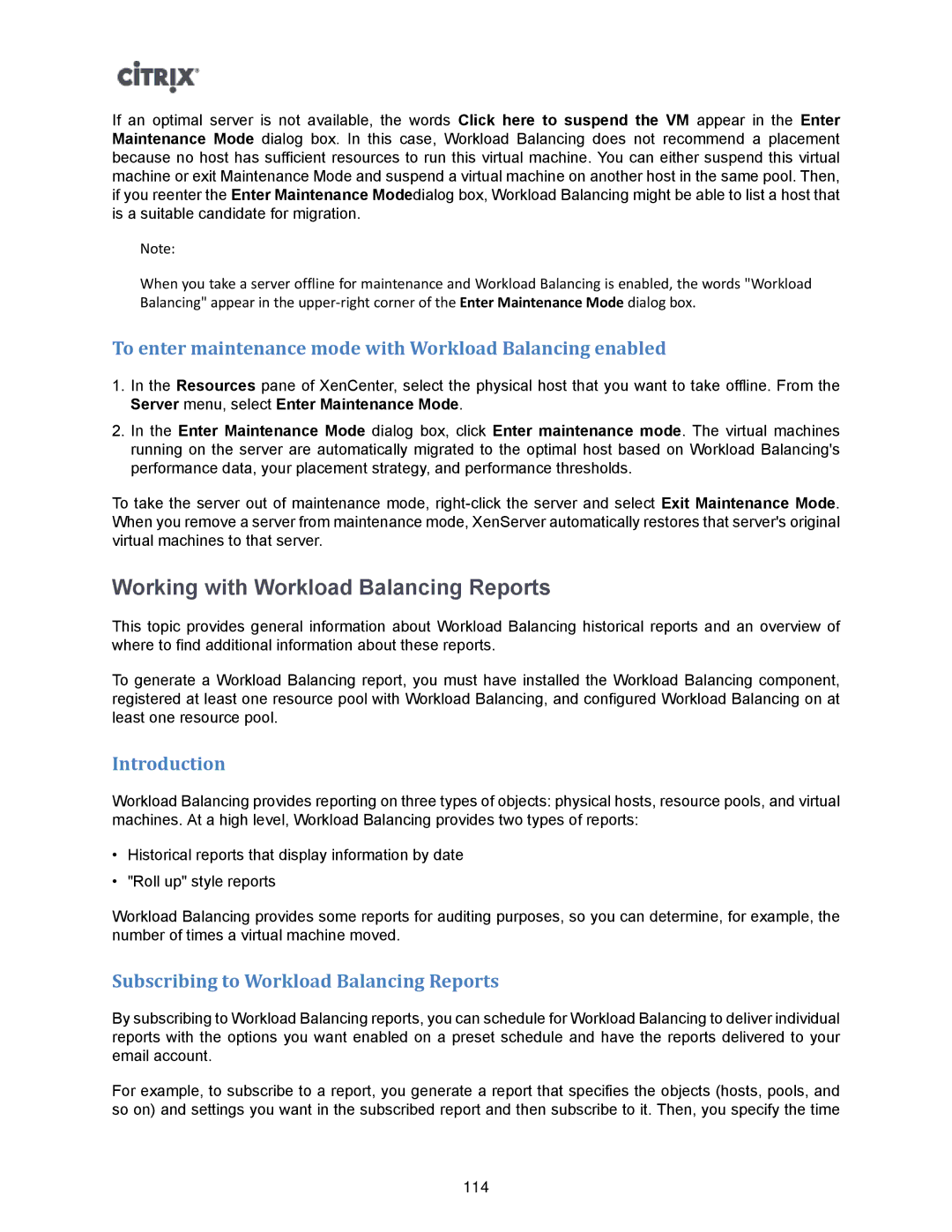 Citrix Systems 5.6 Working with Workload Balancing Reports, To enter maintenance mode with Workload Balancing enabled 