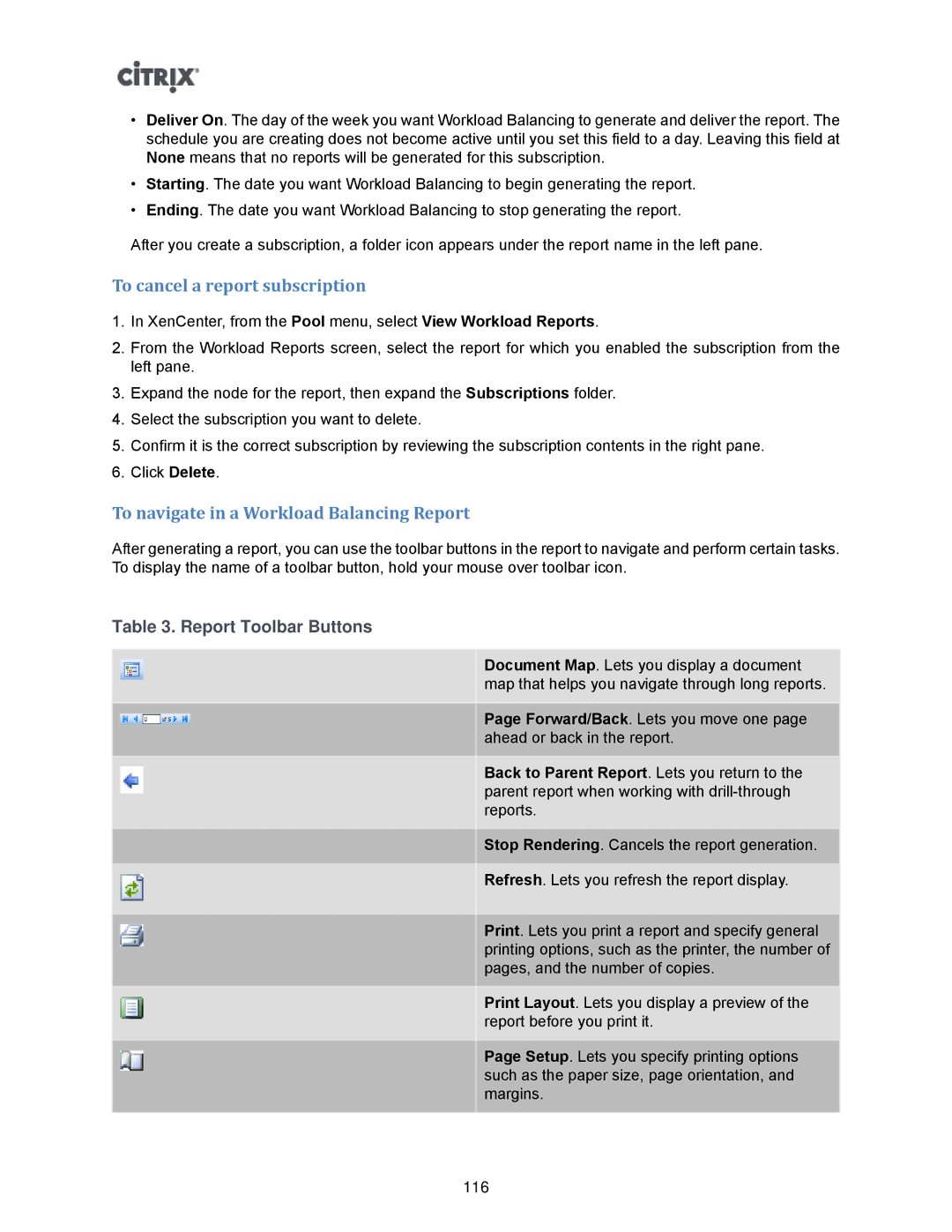 Citrix Systems 5.6 To cancel a report subscription, To navigate in a Workload Balancing Report, Report Toolbar Buttons 