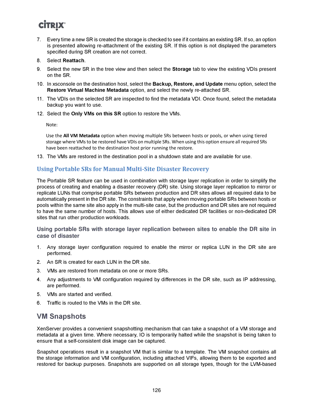 Citrix Systems 5.6 manual VM Snapshots, Using Portable SRs for Manual Multi-Site Disaster Recovery 