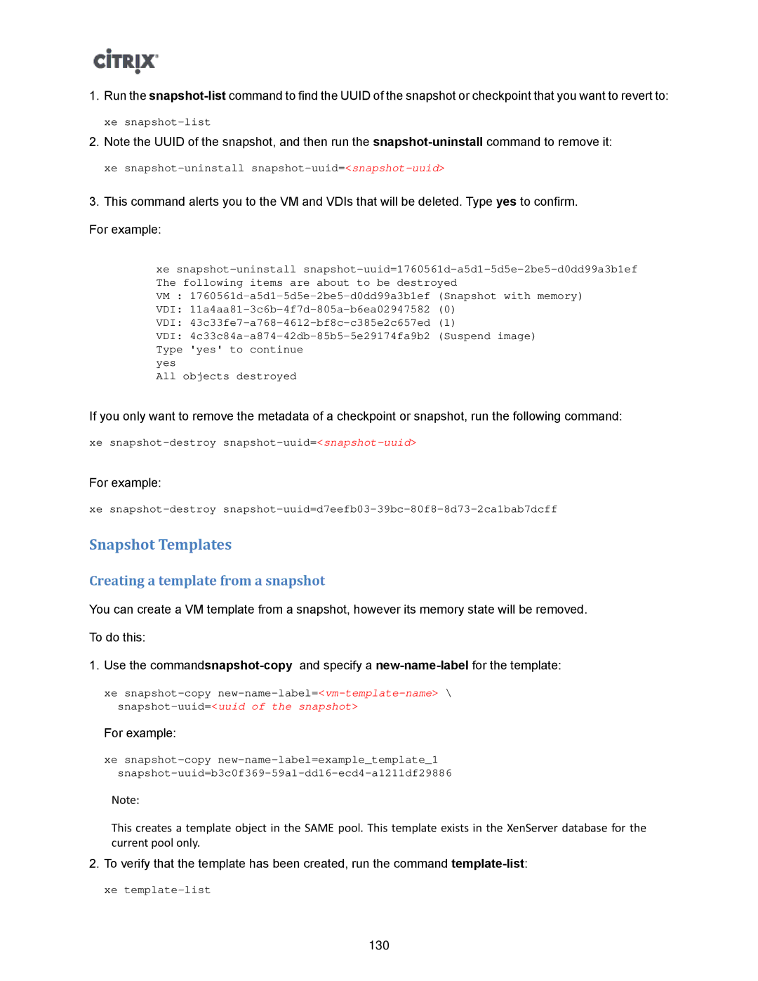 Citrix Systems 5.6 manual Snapshot Templates, Creating a template from a snapshot 