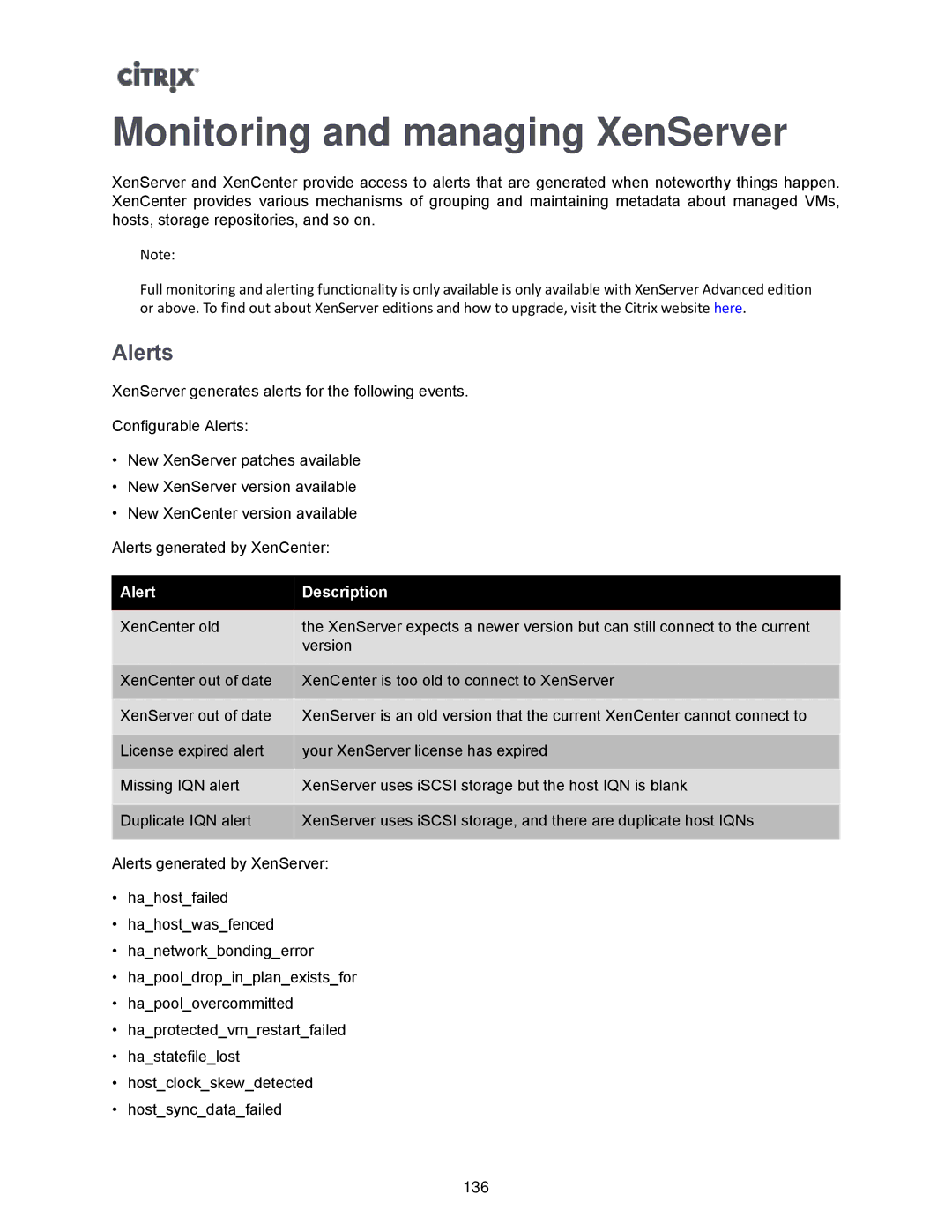 Citrix Systems 5.6 manual Monitoring and managing XenServer, Alerts 