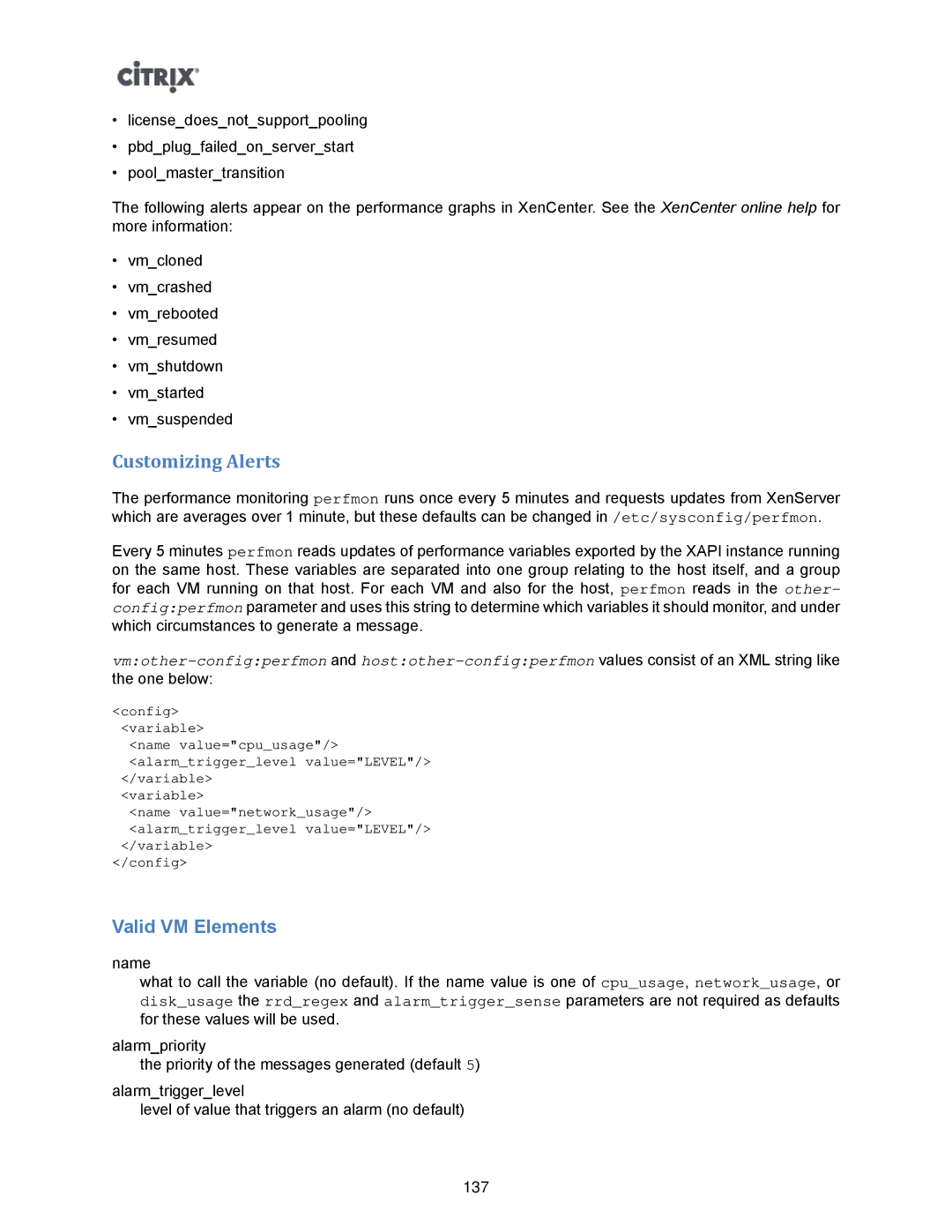 Citrix Systems 5.6 manual Customizing Alerts, Valid VM Elements 