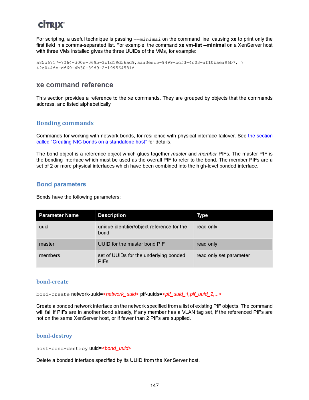 Citrix Systems 5.6 manual Xe command reference, Bonding commands, Bond parameters, Bond-create, Bond-destroy 