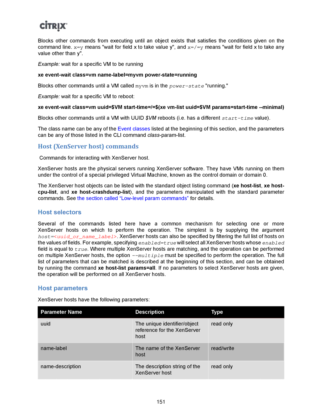 Citrix Systems 5.6 manual Host XenServer host commands, Host selectors, Host parameters 